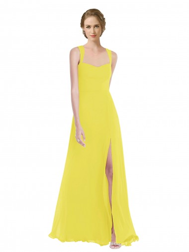 Amarillo línea A Tirantes espagueti Gasa Largo Vestidos de dama de honor Baratos