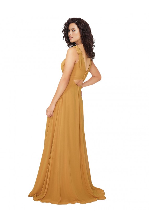 Compra Azafrán línea A Cuello en V Gasa Largo Vestidos de dama de honor
