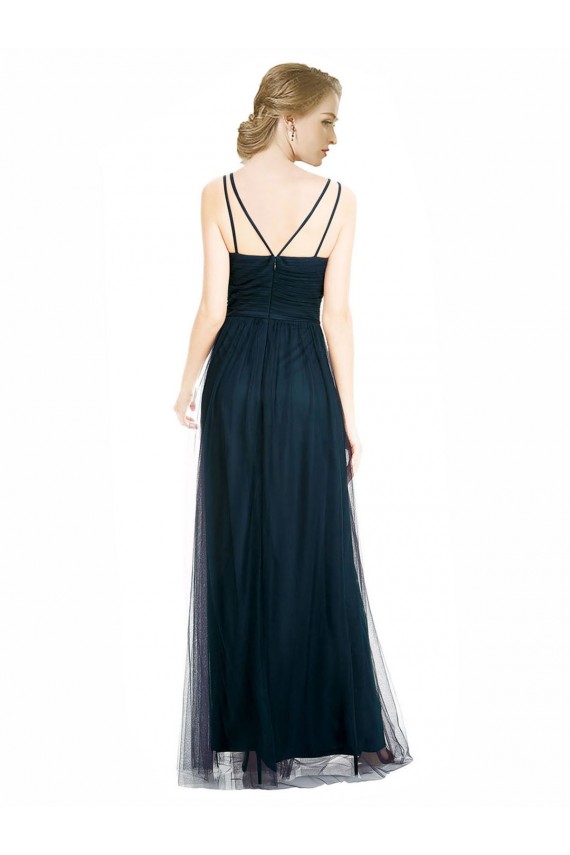Compra Azul 7 línea A Cuello en V Tul Largo Vestidos de dama de honor
