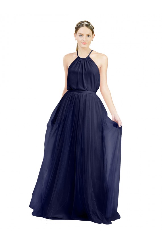 Compra Azul Marino 21 línea A Halter Cuello Alto Tul Largo Vestidos de dama de honor