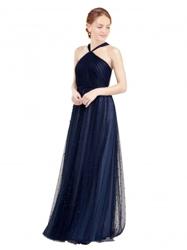 Azul Marino 21 línea A Halter Tul Largo Vestidos de dama de honor Baratos