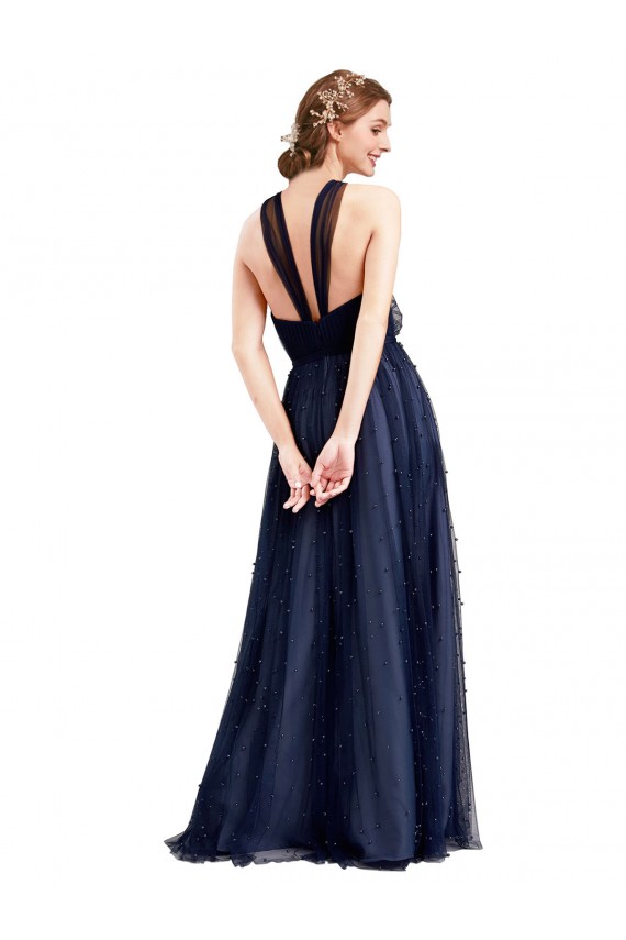Compra Azul Marino 21 línea A Halter Tul Largo Vestidos de dama de honor