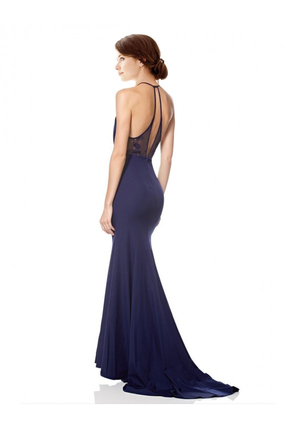 Compra Azul Marino Sirena Halter Cuello Alto Crepé Elástico Largo Formales Vestidos de dama de honor / Vestidos de fiesta