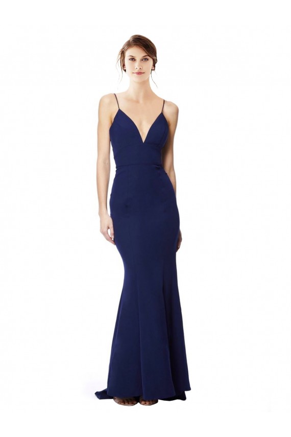 Compra Azul Marino Sirena Tirantes espagueti Cuello en V Cuello Alto Crepé Elástico Largo Formales Vestidos de dama de honor / Vestidos de fiesta