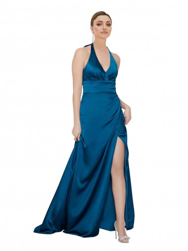 Azul Verde pavo real línea A Halter Satén sedoso Largo Formales Vestidos de dama de honor / Vestidos de fiesta Baratos