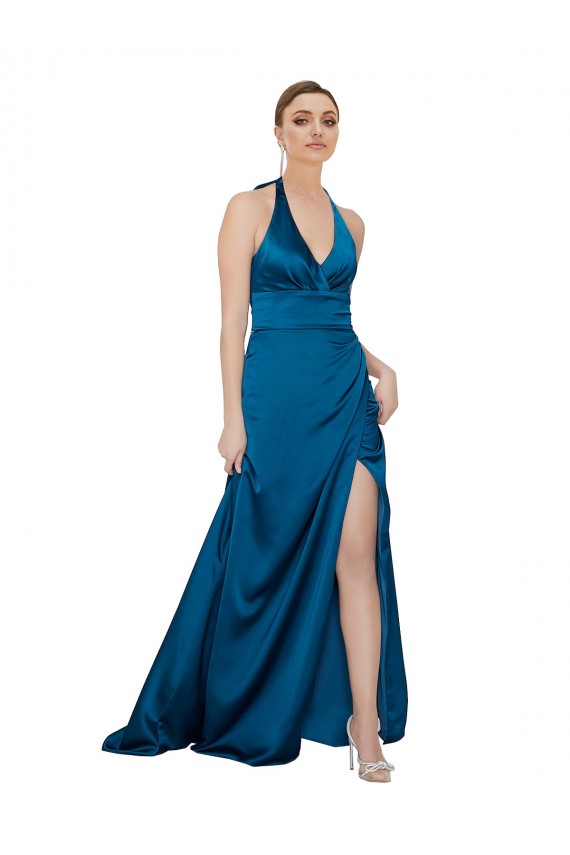 Compra Azul Verde pavo real línea A Halter Satén sedoso Largo Formales Vestidos de dama de honor / Vestidos de fiesta