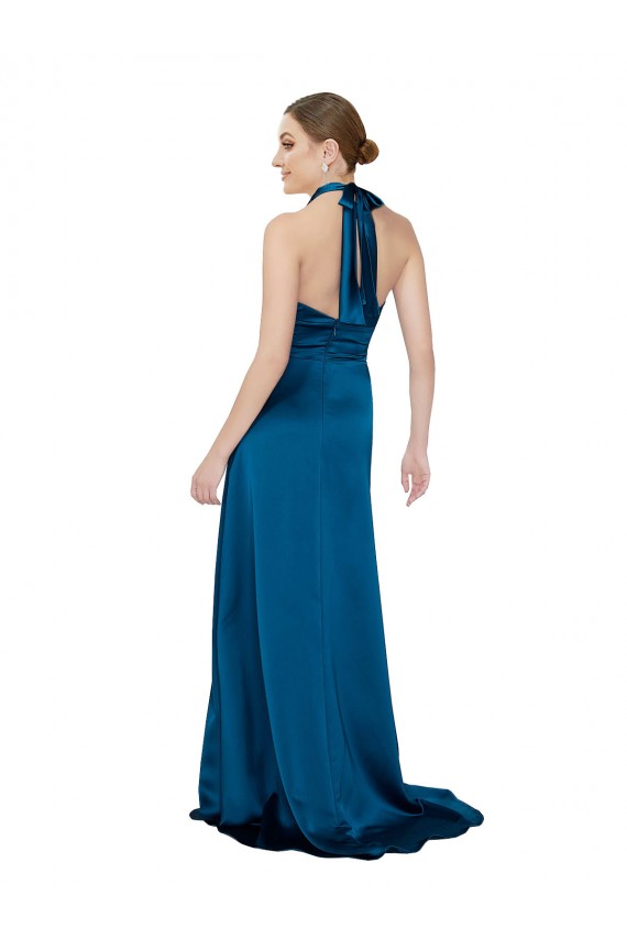 Compra Azul Verde pavo real línea A Halter Satén sedoso Largo Formales Vestidos de dama de honor / Vestidos de fiesta