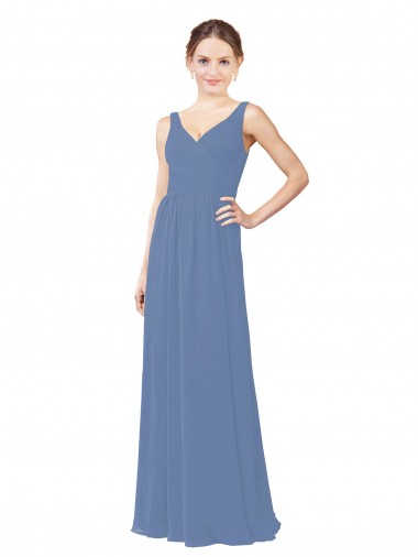 Azul Windsor Cubierta Cuello en V Gasa Largo Vestidos de dama de honor Baratos