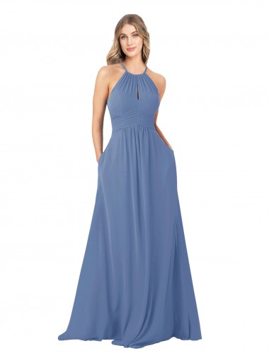 Azul Windsor línea A Cuello Alto Gasa Largo Vestidos de dama de honor Baratos