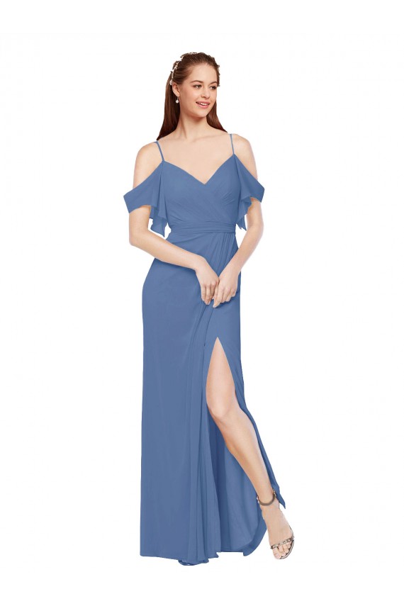 Compra Azul Windsor línea A Hombros Descubiertos Gasa Largo Vestidos de dama de honor