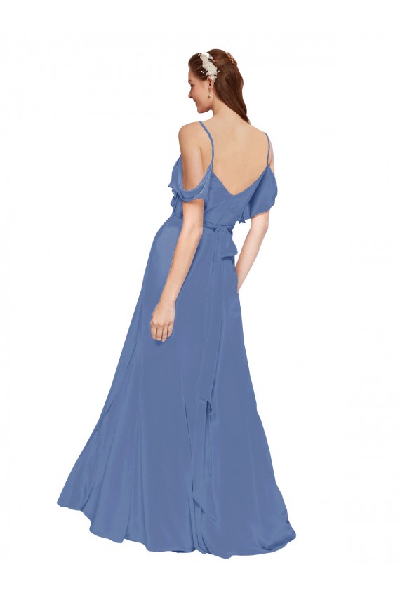 Compra Azul Windsor línea A Hombros Descubiertos Gasa Largo Vestidos de dama de honor