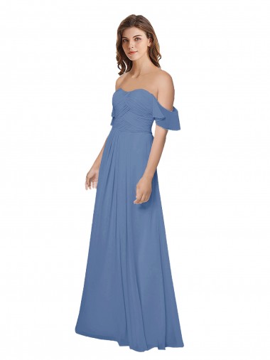 Azul Windsor línea A Hombros Descubiertos Sin tirantes Gasa Largo Vestidos de dama de honor Baratos