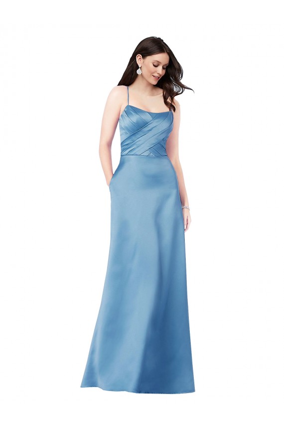 Compra Azul cielo Cubierta Tirantes espagueti Cuadrado Satén Largo Formales Vestidos de dama de honor / Vestidos de fiesta