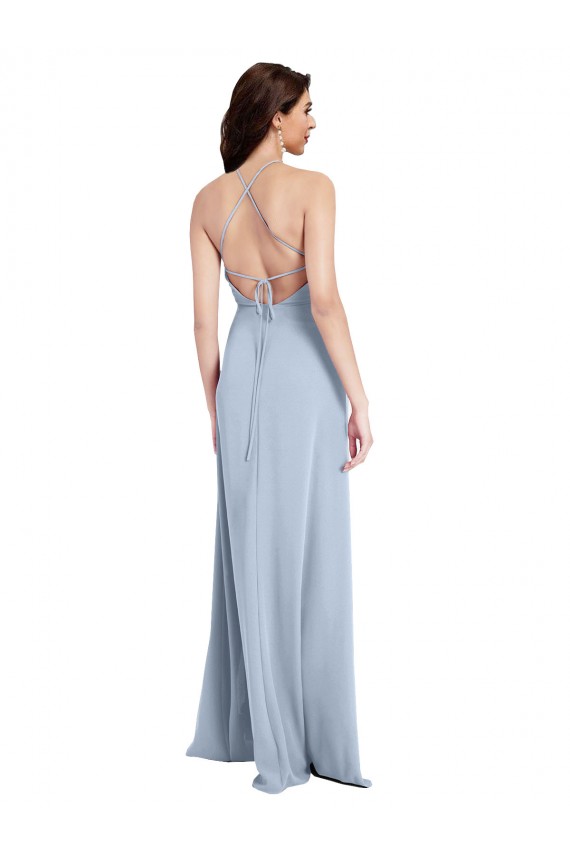 Compra Azul cielo claro Cubierta Halter Cuello Alto Crepé Elástico Largo Formales Vestidos de dama de honor / Vestidos de fiesta