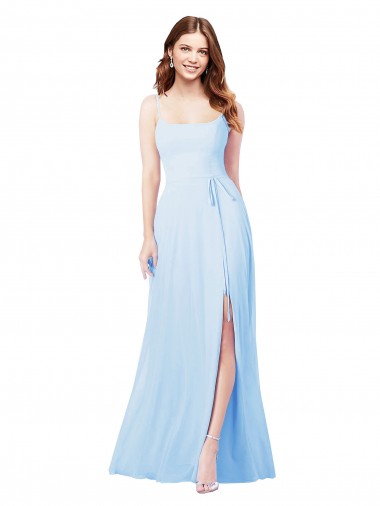 Azul cielo claro Cubierta Tirantes espagueti Cuadrado Gasa Largo Vestidos de dama de honor Baratos