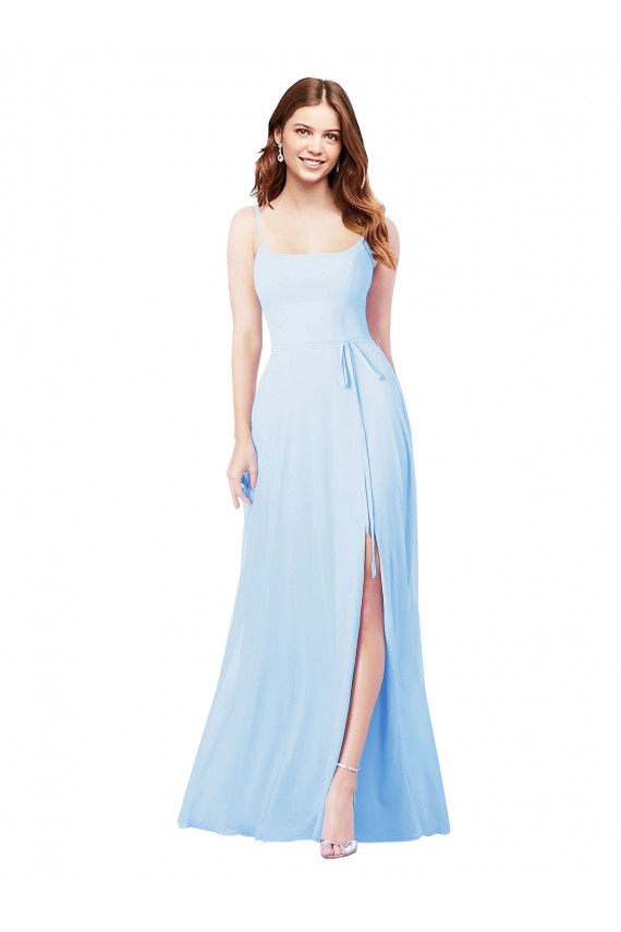 Compra Azul cielo claro Cubierta Tirantes espagueti Cuadrado Gasa Largo Vestidos de dama de honor