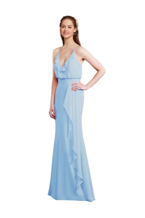 Compra Azul cielo claro Sirena Tirantes espagueti Cuello en V Gasa Largo Vestidos de dama de honor