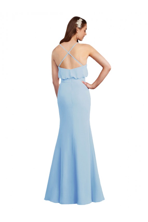 Compra Azul cielo claro Sirena Tirantes espagueti Cuello en V Gasa Largo Vestidos de dama de honor