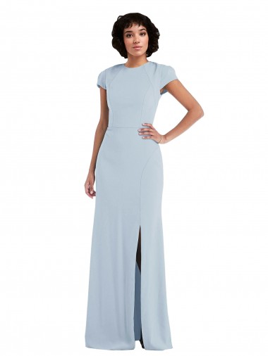 Azul cielo claro Trompeta Cuello joya Crepé Elástico Largo Vestidos de dama de honor Baratos