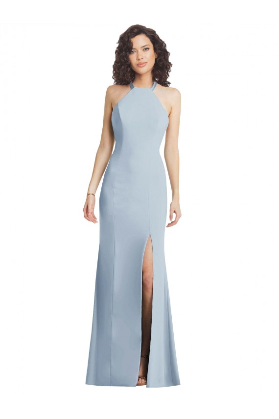 Compra Azul cielo claro Trompeta Halter Cuello Alto Crepé Elástico Largo Formales Vestidos de dama de honor / Vestidos de fiesta