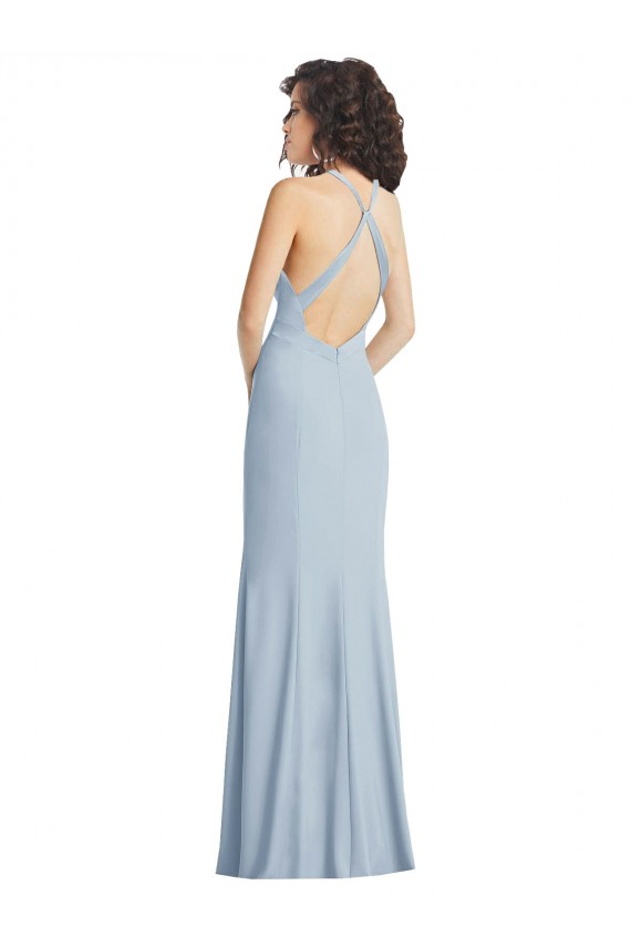 Compra Azul cielo claro Trompeta Halter Cuello Alto Crepé Elástico Largo Formales Vestidos de dama de honor / Vestidos de fiesta