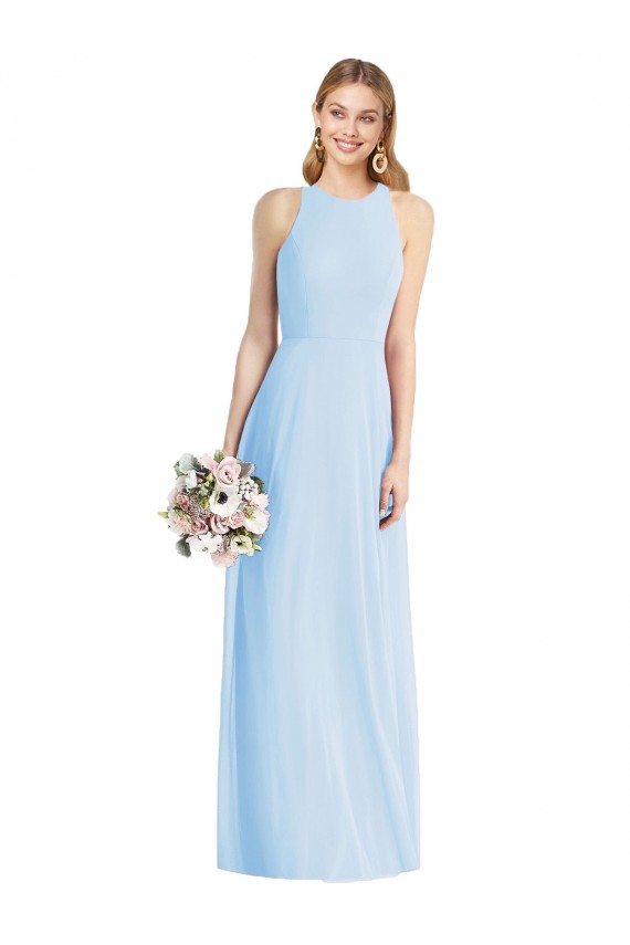 Compra Azul cielo claro Trompeta Halter Gasa Largo Vestidos de dama de honor