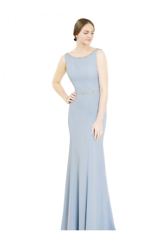 Compra Azul cielo claro línea A Cuello Barco Cuello Alto Gasa Largo Vestidos de dama de honor