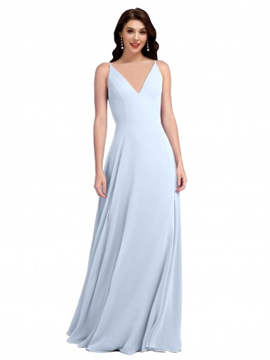 Azul cielo claro línea A Cuello en V Gasa Largo Vestidos de dama de honor Baratos