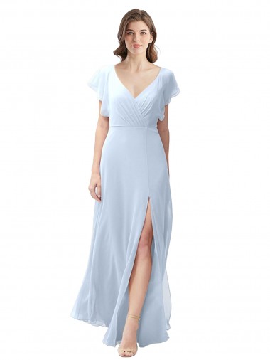 Azul cielo claro línea A Cuello en V Gasa Largo Vestidos de dama de honor Baratos
