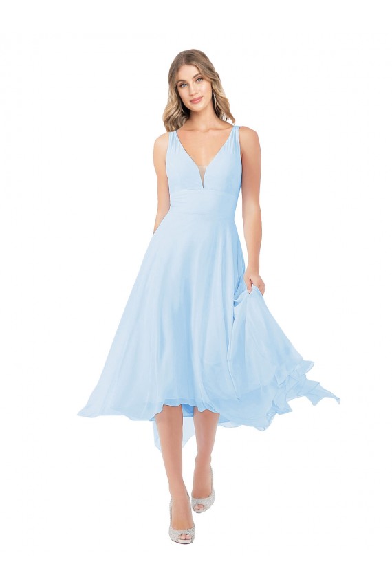 Compra Azul cielo claro línea A Cuello en V Midi Gasa Corto Vestidos de dama de honor / Vestidos de cóctel