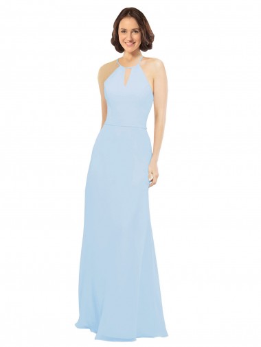 Azul cielo claro línea A Halter Gasa Largo Vestidos de dama de honor Baratos