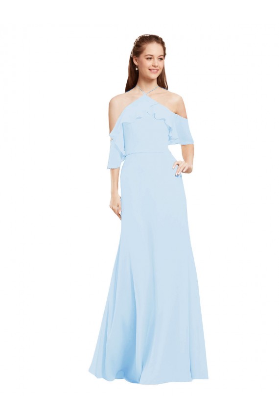 Compra Azul cielo claro línea A Halter Gasa Largo Vestidos de dama de honor