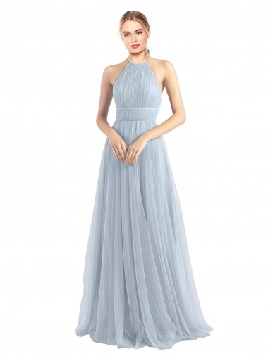 Azul cielo claro línea A Halter Tul Largo Vestidos de dama de honor Baratos
