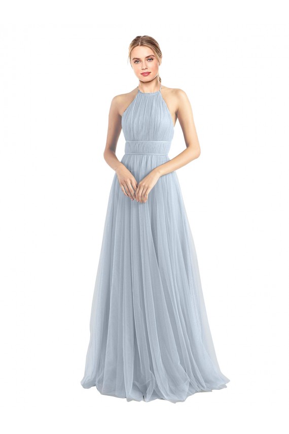 Compra Azul cielo claro línea A Halter Tul Largo Vestidos de dama de honor