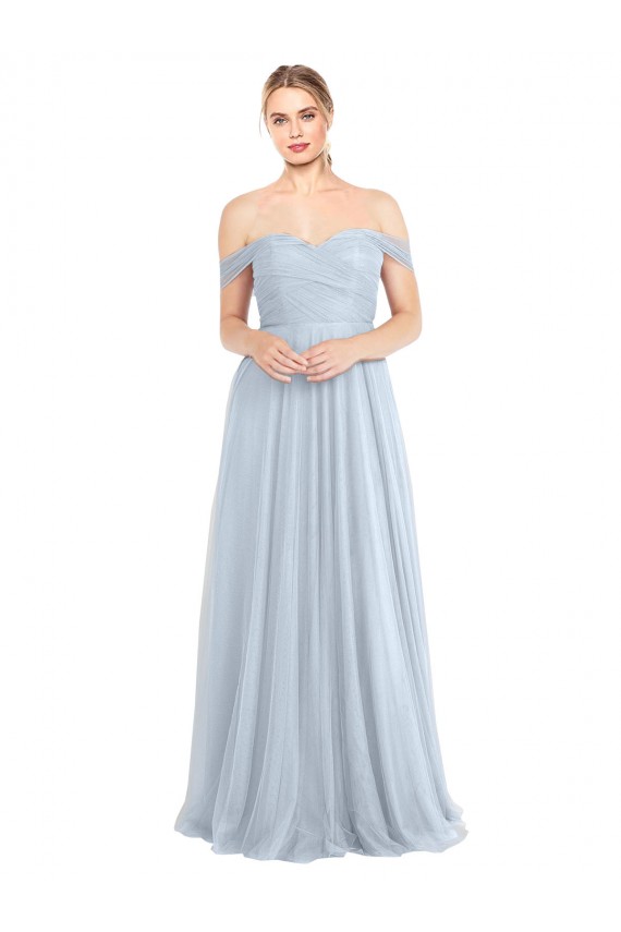 Compra Azul cielo claro línea A Hombros Descubiertos Tul Largo Vestidos de dama de honor