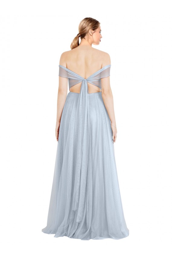 Compra Azul cielo claro línea A Hombros Descubiertos Tul Largo Vestidos de dama de honor