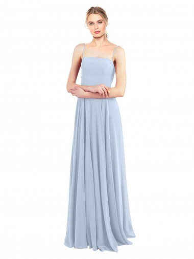 Azul cielo claro línea A Tirantes espagueti Cuadrado Gasa Largo Vestidos de dama de honor Baratos