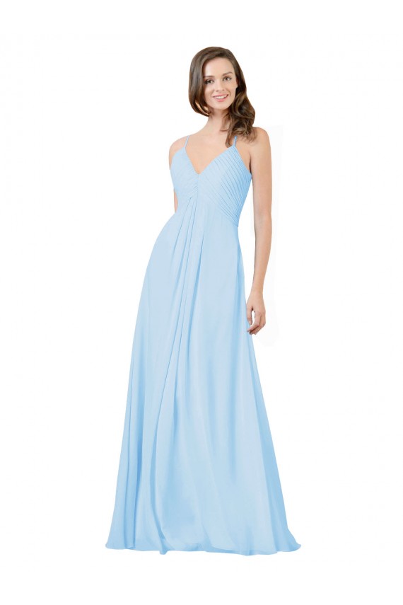 Compra Azul cielo claro línea A Tirantes espagueti Cuello en V Gasa Largo Vestidos de dama de honor