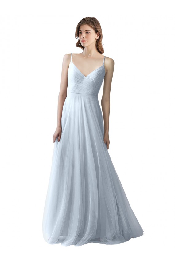 Compra Azul cielo claro línea A Tirantes espagueti Cuello en V Tul Largo Vestidos de dama de honor
