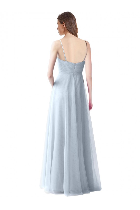 Compra Azul cielo claro línea A Tirantes espagueti Cuello en V Tul Largo Vestidos de dama de honor