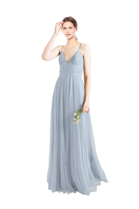 Compra Azul cielo claro línea A Tirantes espagueti Cuello en V Tul Largo Vestidos de dama de honor