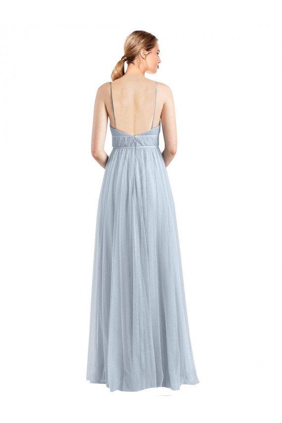 Compra Azul cielo claro línea A Tirantes espagueti Cuello en V Tul Largo Vestidos de dama de honor