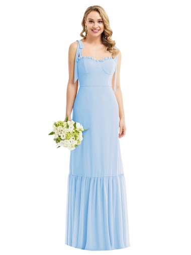Azul cielo claro línea A Tirantes espagueti Gasa Largo Vestidos de dama de honor Baratos