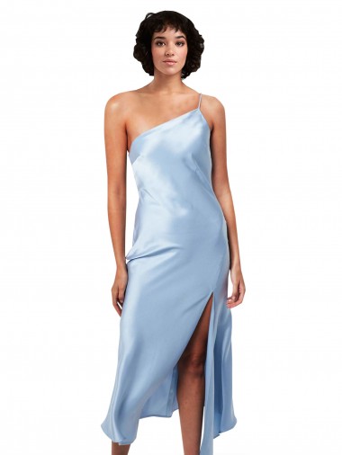 Azul cielo claro línea A Un Hombre Midi Satén sedoso Corto Formales Vestidos de dama de honor / Vestidos de fiesta / Vestidos de cóctel Baratos