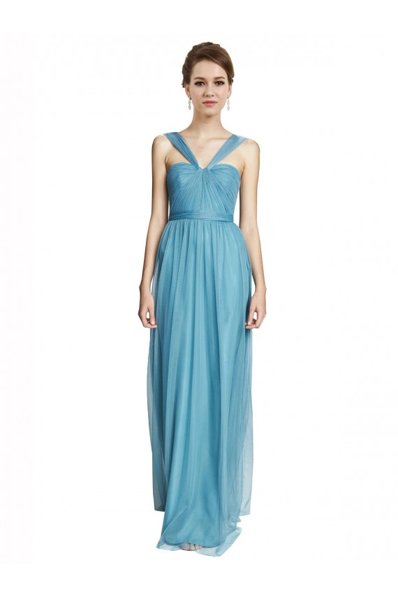 Compra Azul cielo línea A Tirantes espagueti Halter Cuello en V Tul Largo Vestidos de dama de honor