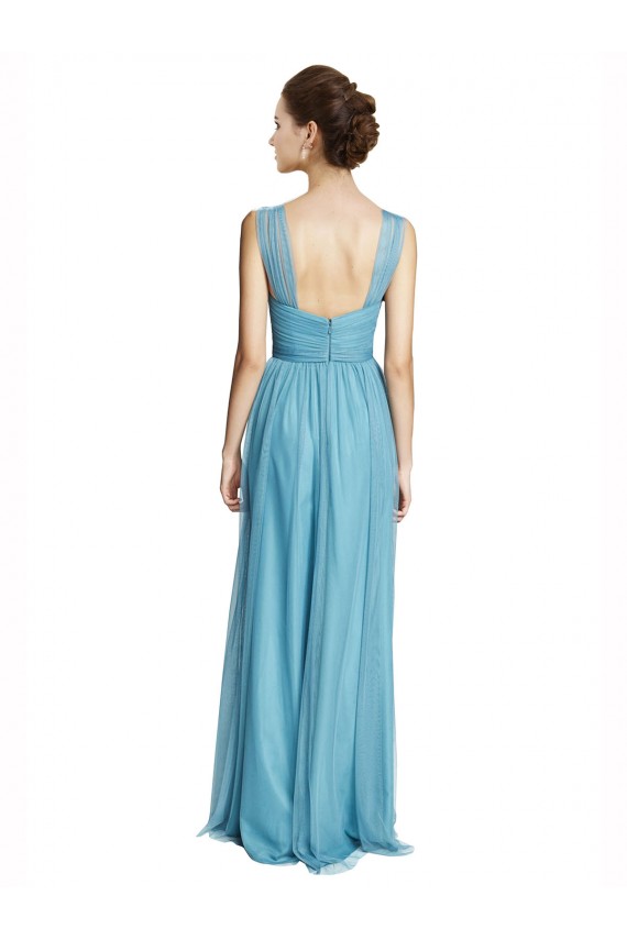Compra Azul cielo línea A Tirantes espagueti Halter Cuello en V Tul Largo Vestidos de dama de honor