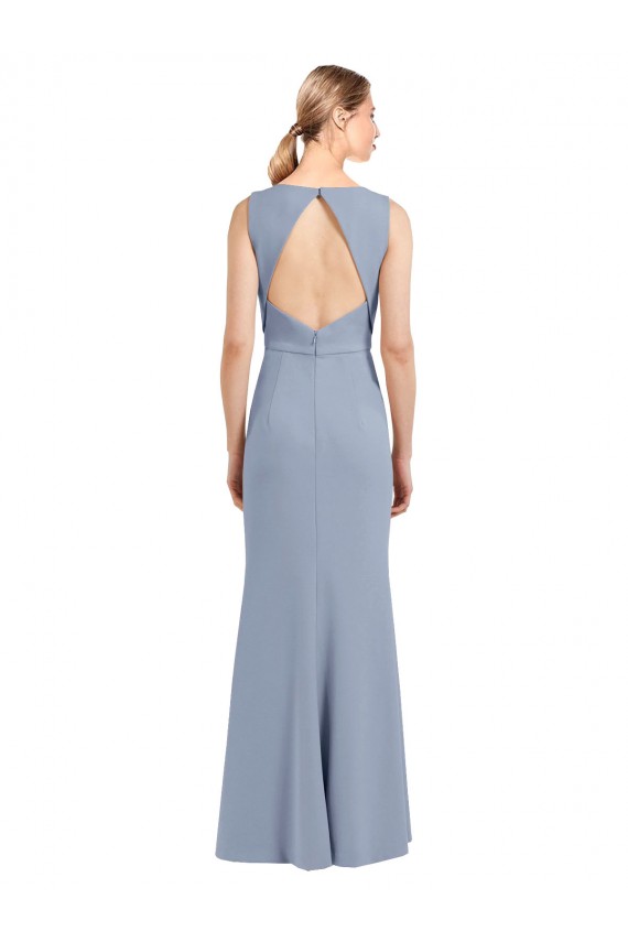 Compra Azul humo Cubierta Cuello Barco Cuello Alto Crepé Elástico Largo Vestidos de dama de honor