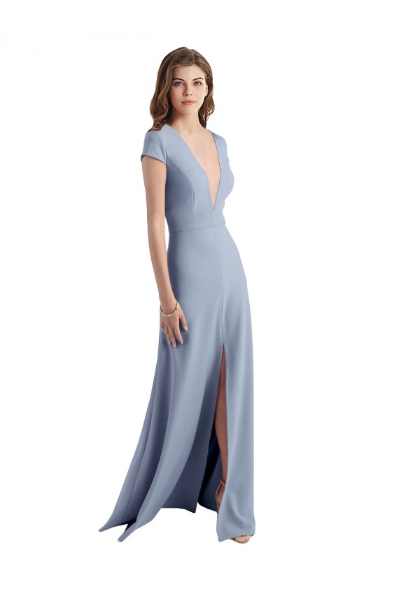 Compra Azul humo Cubierta Cuello en V Cuello Alto Crepé Elástico Largo Vestidos de dama de honor / Vestidos de fiesta