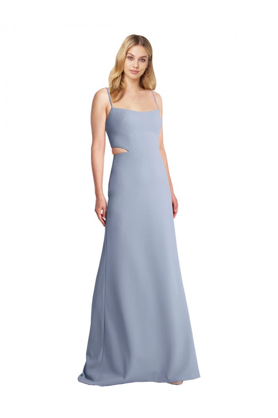 Compra Azul humo línea A Tirantes espagueti Cucharón Crepé Elástico Largo Vestidos de dama de honor / Vestidos de fiesta