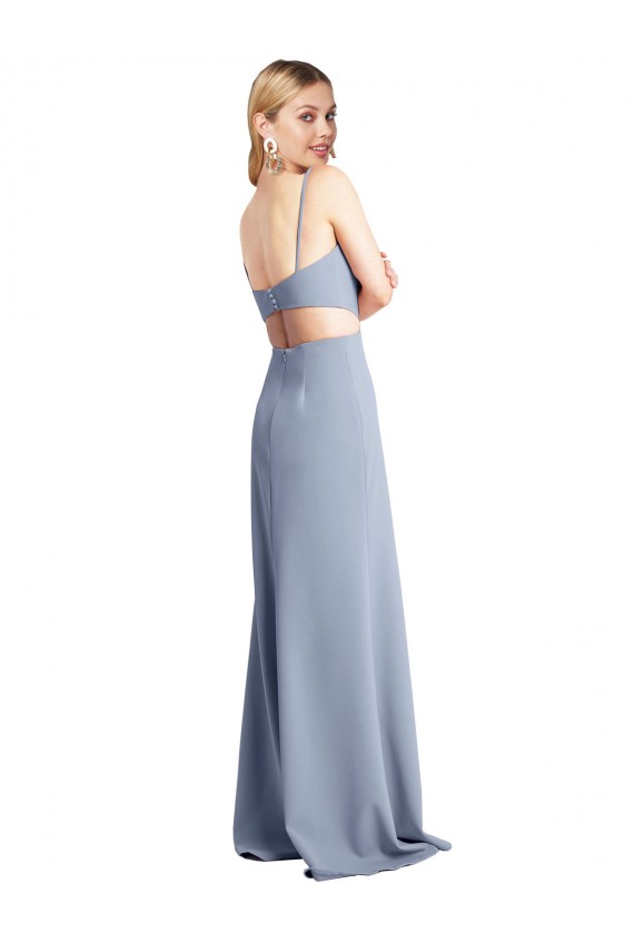 Compra Azul humo línea A Tirantes espagueti Cucharón Crepé Elástico Largo Vestidos de dama de honor / Vestidos de fiesta